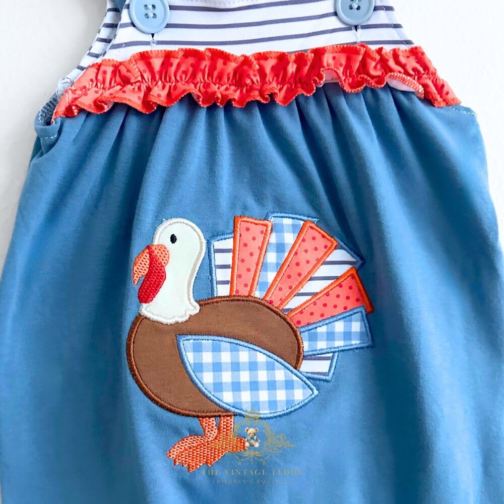 NWT Cute Girls Overalls Dungarees Romper Embroidered Turkey Orange & Blue 2T - Picture 4 of 4